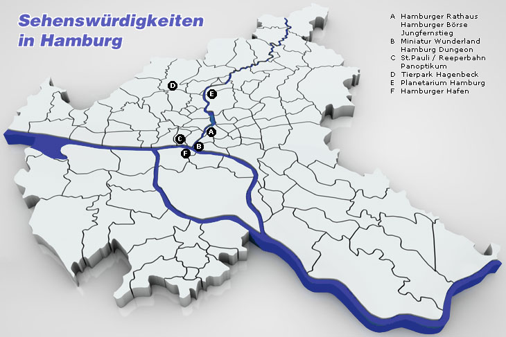 Karte mit Sehenswürdigkeiten in Hamburg
